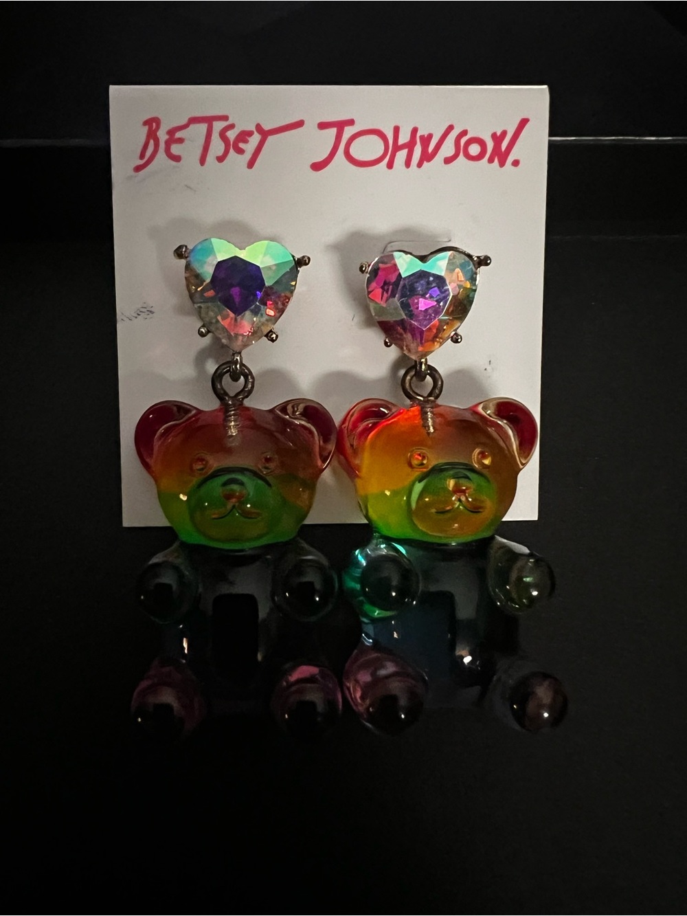Betsey Johnson Rainbow TranslucentBear Drop Earrings -Iridescent Heart Studs-New